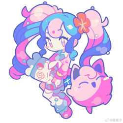 Rule 34 | 1girl, blue hair, chinese commentary, clefairy sprite (pokemon), closed mouth, commentary request, creatures (company), fairy miku (project voltage), flower, fossil sprite (pokemon), full body, game freak, gen 1 pokemon, hair flower, hair ornament, hatsune miku, highres, horrorratman, jigglypuff, long hair, long sleeves, looking at viewer, nintendo, pink hair, pink shirt, pokemon, pokemon (creature), project voltage, red flower, shirt, simple background, skirt, smile, socks, twintails, vocaloid, white background, white socks