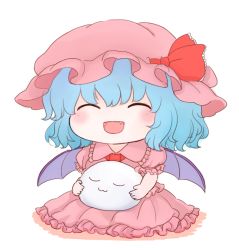 Rule 34 | 1girl, bat wings, blue hair, blush, chibi, dress, closed eyes, fang, hat, hat ribbon, mob cap, open mouth, pink dress, puffy short sleeves, puffy sleeves, rei (tonbo0430), remilia scarlet, ribbon, short sleeves, simple background, skirt, skirt set, solo, touhou, white background, wings
