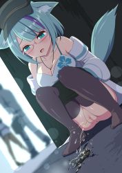 Rule 34 | 1girl, alley, animal ears, anus, black thighhighs, censored, glasses, green eyes, green hair, highres, mole, multicolored hair, open mouth, panties, panty pull, peeing, puddle, pussy, sakamata (sakamata4), squatting, streaked hair, tail, thighhighs, underwear, vrchat, yuyake hino