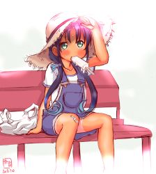 Rule 34 | 1girl, alternate costume, artist logo, bag, bandaid, bandaid on knee, bandaid on leg, bench, blue hair, blue ribbon, casual, commentary request, dated, food, green eyes, hair ribbon, hat, highres, kanon (kurogane knights), kantai collection, long hair, low twintails, mouth hold, overalls, plastic bag, popsicle, ribbon, sitting, solo, straw hat, sun hat, suzukaze (kancolle), tan, tanline, twintails, white background