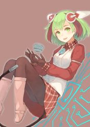Rule 34 | 10s, 1girl, android, black gloves, black hair, black pantyhose, boots, brown pantyhose, cable, cable tail, checkered clothes, checkered skirt, collar, dimension w, floating, gloves, green eyes, green hair, hair ornament, headgear, jacket, knee boots, long sleeves, matching hair/eyes, mechanical tail, multicolored hair, pantyhose, peroncho, pink footwear, plaid, plaid skirt, red hair, short hair, simple background, skirt, smile, solo, streaked hair, tail, two-tone hair, vest, white footwear, yurizaki mira
