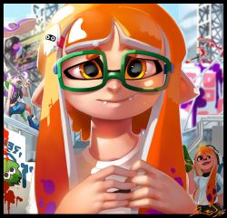 Rule 34 | 1girl, black border, blue sky, blunt bangs, blurry, border, closed mouth, commentary, crossover, day, depth of field, english commentary, fangs, fangs out, furrowed brow, half-closed eyes, hands up, highres, inkling, inkling boy, inkling girl, inkling player character, long hair, looking at viewer, mask, nintendo, nose, orange eyes, orange hair, outdoors, pointy ears, shnider, short eyebrows, short sleeves, sideways mouth, sky, smile, solo focus, tentacle hair, thick eyebrows