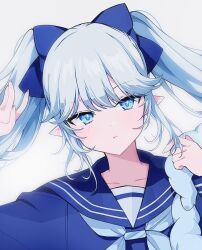 1girl blue_eyes blue_hair blue_neckerchief blue_ribbon blue_sailor_collar blue_serafuku closed_mouth collarbone dot_nose eyelashes hair_ribbon light_blush long_hair long_sleeves looking_at_viewer neckerchief original pointy_ears ribbon sailor_collar school_uniform serafuku sidelocks simple_background solo swept_bangs twintails upper_body white_background woorin