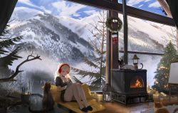Rule 34 | 1girl, artist name, bell, blonde hair, canvas (object), cat, chinese commentary, choker, christmas, christmas stocking, christmas tree, collarbone, cushion, easel, fire, fireplace, fom (lifotai), gift, green eyes, headphones, highres, holding, holding stylus, indoors, lantern, long hair, mountain, multiple cats, off shoulder, original, pinecone, scenery, shirt, short sleeves, sitting, slippers, smile, solo, stylus, tablet pc, tree, wooden floor, wreath