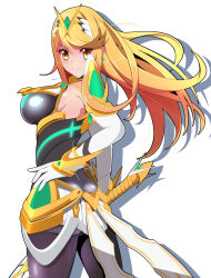 Rule 34 | 1girl, bare legs, bare shoulders, black legwear, blonde hair, breasts, dress, earrings, elbow gloves, gloves, hand on own hip, harubato, jewelry, large breasts, long hair, mythra (massive melee) (xenoblade), mythra (xenoblade), nintendo, resolution mismatch, short dress, simple background, source larger, super smash bros., swept bangs, thigh strap, tiara, very long hair, white background, white dress, white footwear, white gloves, xenoblade chronicles (series), xenoblade chronicles 2, yellow eyes