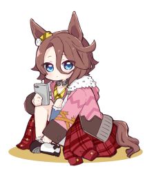 Rule 34 | 1girl, animal ears, asymmetrical clothes, blue eyes, blue legwear, blue pants, blush, brown hair, cellphone, chibi, closed mouth, clothes around waist, colored shadow, commentary request, full body, fur-trimmed jacket, fur trim, hair between eyes, highres, holding, holding phone, hood, hood down, hooded jacket, horse ears, horse girl, horse tail, jacket, jacket around waist, knees up, long sleeves, narita taishin (umamusume), nozo (hitomiz), open clothes, open jacket, pants, parted bangs, phone, pink jacket, red jacket, shadow, shirt, shoes, single pantsleg, sleeves past wrists, solo, tail, torn clothes, torn pants, umamusume, white background, white footwear, yellow shirt