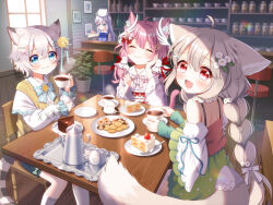 1boy 3girls ahoge angora_rabbit animal animal_ear_fluff animal_ears animal_on_head bell blonde_hair blue_bow blue_bowtie blue_eyes blue_hair blue_ribbon blush borrowed_character bow bowtie braid cafe cake cake_slice cat_boy cat_ears cat_girl cat_tail closed_eyes closed_mouth commentary_request crossover cup detached_sleeves floral_print floral_print_kimono flower food fork fox_ears fox_girl fox_tail gochuumon_wa_usagi_desu_ka? green_skirt green_sleeves hair_bell hair_flower hair_ornament hair_ribbon hand_on_own_cheek hand_on_own_face head_wings highres holding holding_cup holding_fork indie_virtual_youtuber indoors japanese_clothes jingle_bell kafuu_chino kimono layered_sleeves light_particles long_hair long_sleeves looking_at_viewer medium_hair mozukun43 mug multiple_girls obi obijime off-shoulder_shirt off_shoulder on_chair on_head open_mouth original pink_hair print_kimono rabbit rabbit_house_uniform red_eyes red_ribbon red_shirt ribbon rin_cat_(rincatx) sakurada_hane sakurada_shiro_(hy_plus) sakurada_shiro_(spring_lite)_(hy_plus) sash shirt short_hair sitting skirt sleeve_ribbon smile steam strawberry_cake sweater_vest table tail tippy_(gochiusa) trap twin_braids virtual_youtuber white_hair white_kimono white_sleeves white_wings wide_sleeves wing_hair_ornament wings x_hair_ornament yellow_sweater_vest