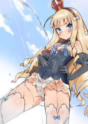 Rule 34 | &gt;:/, 1girl, :/, absurdres, ahoge, aircraft, airplane, azur lane, bare shoulders, black gloves, blonde hair, blue eyes, blush, closed mouth, cloud, commentary request, contrail, crown, day, detached collar, elbow gloves, flat chest, from below, gloves, gluteal fold, groin, hairband, hand on own hip, head tilt, highres, long hair, luoxia xing, mini crown, outdoors, queen elizabeth (azur lane), silhouette, sky, solo, sparkle, standing, thighhighs, v-shaped eyebrows, very long hair, water, wet, white thighhighs