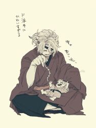 Rule 34 | 1boy, 1other, baby, barefoot, drooling, eyepatch, facing another, facing down, father and child, full body, hair between eyes, hand up, haori, happy, highres, indian style, japanese clothes, kimetsu no yaiba, kimono, lap pillow, laughing, long sleeves, lying, lying on person, maccya zatta, monochrome, obi, on back, one eye covered, pants, playing, ponytail, sash, sitting, sleeves past fingers, sleeves past wrists, twitter username, uzui tengen
