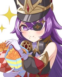 Rule 34 | 1girl, :t, bare shoulders, black hat, chevreuse (genshin impact), commentary request, detached sleeves, earmuffs, earmuffs around neck, food, genshin impact, gloves, hat, headphones, highres, holding, holding food, long hair, looking at viewer, multicolored hair, purple eyes, purple hair, seshirun, shako cap, simple background, smile, solo, streaked hair, upper body, very long hair, white background, white gloves, white hair