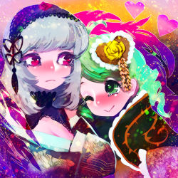 Rule 34 | 2girls, :&gt;, black ribbon, breasts, cleavage, closed mouth, drill hair, floral print, flower, frown, green eyes, green hair, grey hair, hair ornament, hairband, hakkasame, heart, kanaria, lolita hairband, long hair, looking at another, medium breasts, multiple girls, red eyes, red flower, red rose, ribbon, rose, rozen maiden, smile, suigintou, tassel, yellow flower, yellow rose