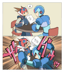 Rule 34 | 2boys, android, armor, axl (mega man), blue eyes, brown hair, chair, disappointed, fork, frown, gloves, hand on own cheek, hand on own face, helmet, highres, joints, jojo no kimyou na bouken, male focus, mega man (series), x (mega man), mega man x (series), multiple boys, narancia ghirga, norue, open mouth, pannacotta fugo, parody, robot, robot joints, sitting, smile, sound effects, spiked hair, stab, table, vento aureo