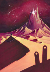 Rule 34 | 1other, ambiguous gender, artist name, commentary, desert, drachenmagier, english commentary, journey, long scarf, mountain, night, outdoors, sand dune, scarf, scenery, shooting star, sky, solo, standing, star (sky), starry sky, traditional media, traveler (journey), very wide shot