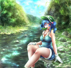Rule 34 | 1girl, alternate costume, bare shoulders, blue eyes, blue hair, blue sky, breasts, cloud, cloudy sky, collarbone, cucumber, day, denim, denim shorts, food, forest, gloves, hair bobbles, hair ornament, hat, kawashiro nitori, key, landscape, large breasts, leaf, matching hair/eyes, mouth hold, nature, outdoors, partially submerged, path, river, road, rock, satoji (ochanomkmskry), scenery, short hair, shorts, sitting, sitting on rock, sky, soaking feet, solo, tank top, touhou, tree, two side up, wading, water, white gloves