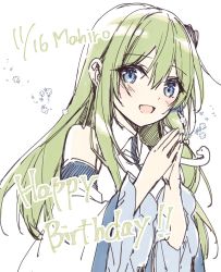 Rule 34 | 1girl, :d, bare shoulders, blue eyes, blue flower, commentary request, dated, detached sleeves, flower, green hair, hair between eyes, hair ornament, hands up, happy birthday, highres, kochiya sanae, long hair, long sleeves, mochizuki shiina, open mouth, simple background, smile, snake hair ornament, solo, steepled fingers, touhou, white background, white flower, white sleeves, wide sleeves
