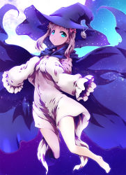 Rule 34 | 10s, 1girl, :&lt;, barefoot, blonde hair, blue eyes, bow, cape, fantasista doll, hair bow, hat, highres, long hair, long sleeves, looking at viewer, proto-zero (fantasista doll), solo, thighs, tokyo (great akuta), twintails, witch hat