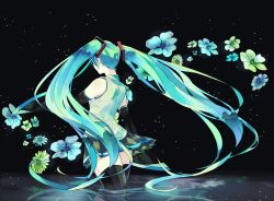 Rule 34 | 1girl, aqua hair, detached sleeves, flower, from behind, fukuta, hatsune miku, highres, long hair, skirt, solo, thighhighs, twintails, very long hair, vocaloid, wading