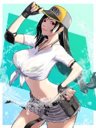 Rule 34 | 1girl, 5tatsu, adjusting clothes, adjusting headwear, arm strap, baseball cap, belt, bikini, bikini under clothes, black bikini, black hair, breasts, closed mouth, collarbone, commentary request, cowboy shot, crop top, denim, denim skirt, elbow pads, final fantasy, final fantasy vii, final fantasy vii ever crisis, fingerless gloves, frayed skirt, gloves, grey skirt, hair behind ear, hand on headwear, hand on own hip, hand up, hat, highleg, highleg bikini, highres, jewelry, large breasts, lips, long hair, looking at viewer, low-tied long hair, making-of available, midriff, miniskirt, navel, necklace, official alternate costume, pink lips, red eyes, see-through, see-through shirt, shirt, short sleeves, single elbow pad, single sidelock, skirt, solo, swept bangs, swimsuit, tied shirt, tifa lockhart, tifa lockhart (lifeguard), twitter username, very long hair, water, wet, wet clothes, wet shirt, white shirt