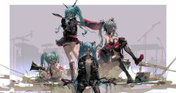 Rule 34 | 4girls, black bra, black footwear, black jacket, black pants, black shorts, black skirt, blue eyes, blue hair, boots, bra, cable, carrying over shoulder, choker, closed mouth, computer, drumsticks, green hair, grey hair, grey shirt, guitar, hand in pocket, hatsune miku, headphones, highres, holding, holding instrument, holding megaphone, instrument, jacket, laptop, leg tattoo, long hair, long sleeves, looking at viewer, lying, megaphone, midoriii717, miniskirt, multiple girls, multiple persona, off shoulder, on stomach, pants, shirt, shorts, sideways glance, silhouette, sitting, skindentation, skirt, standing, tank top, tattoo, thigh boots, thigh strap, tongue, tongue out, twintails, underwear, vocaloid, white jacket