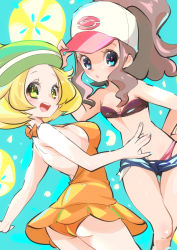 Rule 34 | 2girls, adjusting clothes, adjusting headwear, alternate costume, ass, baseball cap, beret, bianca (pokemon), bikini, blonde hair, blue background, blue shorts, blush, breasts, brown hair, chorimokki, creatures (company), denim, denim shorts, female focus, food, from behind, fruit, game freak, green eyes, green hat, halterneck, hand on own hip, hand up, happy, hat, hilda (pokemon), large breasts, lemon, looking at viewer, looking back, micro shorts, multicolored bikini, multicolored clothes, multiple girls, nintendo, one-piece swimsuit, open mouth, orange one-piece swimsuit, poke ball symbol, poke ball theme, pokemon, pokemon bw, ponytail, short hair, short shorts, shorts, small breasts, smile, standing, strapless, strapless bikini, swimsuit, swimsuit under clothes, teeth