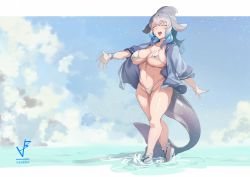 Rule 34 | 1girl, ^ ^, absurdres, aged up, alternate breast size, artist logo, bare legs, bikini, bikini under clothes, blowhole, blue hair, blue shirt, breasts, cetacean tail, choker, closed eyes, collarbone, common bottlenose dolphin (kemono friends), covered erect nipples, day, dolphin girl, dorsal fin, fins, fish tail, full body, grey hair, groin, hair between eyes, halterneck, happy, head fins, highleg, highleg bikini, highres, horizon, iparupua, kemono friends, large breasts, letterboxed, long hair, micro bikini, multicolored hair, navel, no pants, ocean, open clothes, open mouth, open shirt, outdoors, outstretched arms, outstretched hand, shirt, shoes, sky, smile, solo, splashing, spread fingers, stomach, swimsuit, tail, wading, walking, water, white bikini