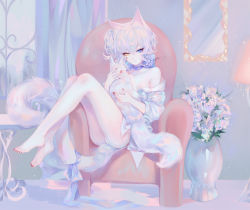 Rule 34 | 1girl, animal, animal ears, armchair, artist name, bare legs, bare shoulders, barefoot, blue eyes, cat, cat ears, chair, commentary, flower, heterochromia, highres, holding, holding animal, holding cat, looking at viewer, nail polish, off shoulder, original, red nails, sheya, signature, silver hair, sitting, solo, thighs, toenail polish, toenails, yellow eyes