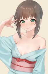 Rule 34 | 1girl, \m/, aqua kimono, bare shoulders, blush, breasts, brown hair, cleavage, closed mouth, collarbone, commentary request, crossed bangs, fubuki (kancolle), green eyes, hair between eyes, hand up, japanese clothes, kantai collection, kimono, looking at viewer, low ponytail, medium hair, no bra, off shoulder, sakieko, sidelocks, simple background, small breasts, smile, solo, upper body, yellow background, yukata