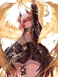Rule 34 | 1girl, arknights, black jacket, black skirt, breasts, bright pupils, edobox, feather trim, fiammetta (arknights), fiery wings, fire, gun, holding, holding gun, holding weapon, jacket, large breasts, necktie, red eyes, red hair, shirt, skirt, thigh strap, thighs, weapon, white background, white pupils, white shirt, wings