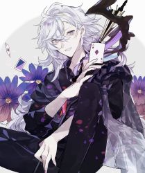 Rule 34 | 1boy, ace (playing card), ace of diamonds, bishounen, black pants, black shirt, card, diamond (shape), fate/grand order, fate (series), flower, grey scarf, highres, long hair, long sleeves, merlin (camelot &amp; co) (fate), merlin (fate), messy hair, misato karuha, multicolored background, pants, playing card, purple background, purple eyes, scarf, shirt, silver hair, white background