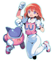 Rule 34 | 1girl, :d, breasts, clenched hands, commentary request, dot nose, feet, full body, gloves, happy, jumping, long hair, looking at viewer, medium breasts, onono imoko, open mouth, pants, pastel (twinbee), pink shirt, puffy short sleeves, puffy sleeves, purple eyes, raised eyebrows, red hair, shirt, shoes, short sleeves, simple background, smile, sneakers, twinbee, white background, white footwear, white gloves, white pants, winbee