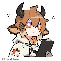 Rule 34 | 1boy, :|, animal ears, arknights, bison (arknights), brown hair, chibi, closed mouth, commentary request, company name, cow ears, cow horns, cropped torso, gloves, hair between eyes, holding, holding notepad, holding pen, horns, jacket, line (naver), multicolored eyes, notepad, official art, open clothes, open jacket, orange eyes, pen, purple eyes, simple background, watermark, white background, white gloves, white jacket, writing