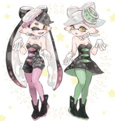 Rule 34 | 2girls, :d, :o, bare shoulders, black dress, black footwear, black hair, black jumpsuit, blush, boots, bow-shaped hair, breasts, callie (splatoon), cleavage, collar, collarbone, commentary request, detached collar, dot nose, dress, ear blush, earrings, fangs, full body, gloves, gradient hair, green pantyhose, grey hair, hand up, highres, hoop earrings, inkling, jewelry, jumpsuit, long hair, marie (splatoon), mole, mole under eye, multicolored hair, multiple girls, nintendo, one eye closed, open mouth, orange pupils, pantyhose, pink hair, pink pantyhose, plum0o0, pointy ears, short hair, short jumpsuit, small breasts, smile, splatoon (series), splatoon 1, standing, star-shaped pupils, star (symbol), starry background, strapless, strapless dress, suction cups, swept bangs, symbol-shaped pupils, tentacle hair, thick eyebrows, twintails, two-tone hair, v-shaped eyebrows, very long hair, white background, white collar, white gloves, yellow eyes