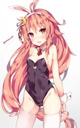 Rule 34 | 1girl, animal ears, black leotard, blush, breasts, clothing cutout, crescent, crescent hair ornament, detached collar, fake animal ears, gradient background, groin, hair between eyes, hair ornament, hairband, heart, heart cutout, highres, kantai collection, leotard, long hair, open mouth, pink hair, playboy bunny, rabbit ears, rabbit hair ornament, red eyes, small breasts, solo, thighhighs, twitter username, unacchi (nyusankin), uzuki (kancolle), very long hair, white hairband, white thighhighs, wrist cuffs