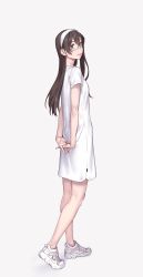 Rule 34 | 1girl, arms behind back, black hair, dress, glasses, green eyes, hairband, highres, kantai collection, long hair, looking to the side, ooyodo (kancolle), own hands together, simple background, solo, white background, white dress, white footwear, white hairband, yuuji (and)