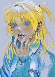 Rule 34 | 1girl, absurdres, blonde hair, blue eyes, blue sweater, collared shirt, earrings, grey background, hand up, highres, ineuoy, jewelry, long hair, looking at viewer, original, sharp teeth, shirt, simple background, sleeves past wrists, solo, sweater, teeth, white shirt