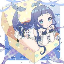 Rule 34 | 1girl, antenna hair, arched bangs, blue eyes, blush stickers, box, earrings, fins, fish tail, full body, hair ribbon, hands on own cheeks, hands on own face, highres, in box, in container, indie virtual youtuber, jewelry, kazepana, long hair, looking at viewer, ribbon, shirt, skirt, solo, sorara kujirako, tail, virtual youtuber, white shirt, white skirt, wrist cuffs