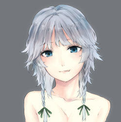 Rule 34 | 1girl, absurdres, braid, breasts, cleavage, collarbone, female focus, grey eyes, highres, izayoi sakuya, looking at viewer, nagata nagato, out-of-frame censoring, silver hair, solo, tongue, tongue out, topless, topless frame, touhou, twin braids, upper body