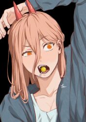 Rule 34 | 1girl, chainsaw man, collarbone, cross-shaped pupils, hair between eyes, highres, horns, long hair, open mouth, portrait, power (chainsaw man), red horns, sharp teeth, shirt, solo, symbol-shaped pupils, teeth, tonta (tonta1231), uneven eyes, white shirt, yellow eyes