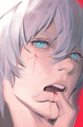 Rule 34 | 1boy, ayiad, bishounen, blood, blood on face, blue eyes, dante (devil may cry), devil may cry, devil may cry (series), devil may cry 3, hair between eyes, highres, looking at viewer, male focus, open mouth, solo, weibo 7873065149, white hair