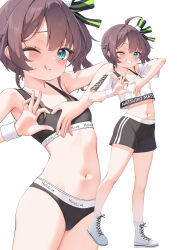 Rule 34 | 1girl, :q, aqua eyes, black panties, black shorts, black sports bra, blush, brown hair, cat hair ornament, closed mouth, commentary request, cropped shirt, green ribbon, grin, hair ornament, hair ribbon, highres, hololive, hololive dance practice uniform, looking at viewer, medium hair, midriff, multiple views, natsuiro matsuri, navel, one eye closed, paid reward available, panties, ribbon, shirt, short sleeves, shorts, side ponytail, simple background, smile, sports bra, stomach, teeth, tongue, tongue out, underwear, virtual youtuber, white background, white footwear, white shirt, yoshie eneko