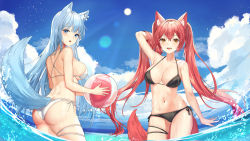 Rule 34 | 2girls, :d, absurdres, animal ear fluff, animal ears, arm up, ass, back, bad id, bad pixiv id, ball, bare arms, bare shoulders, beachball, bikini, black bikini, blue eyes, blue hair, blue sky, blush, breasts, brown eyes, cleavage, cloud, commentary, cowboy shot, day, fox ears, fox girl, fox tail, hair between eyes, halterneck, hand in own hair, highres, holding, holding ball, holding beachball, large breasts, lillly, long hair, looking at viewer, looking back, multiple girls, navel, open mouth, original, red hair, side-tie bikini bottom, sky, smile, stomach, string bikini, sun, swimsuit, tail, tail raised, thighhighs, very long hair, wading, water, wet, white bikini