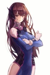 Rule 34 | 1girl, bad id, bad twitter id, blush, bodysuit, breasts, brown eyes, brown hair, closed mouth, crossed arms, d.va (overwatch), gloves, headset, highres, looking at viewer, medium breasts, overwatch, overwatch 1, peulopi, sketch, smile, solo, white gloves