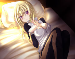 Rule 34 | 10s, 1girl, bed, blonde hair, blush, breasts, charlotte dunois, female focus, indoors, infinite stratos, long hair, lying, pillow, purple eyes, solo