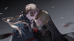 Rule 34 | 2boys, anno meiji, black flower, black ribbon, black rose, black shirt, black veil, blonde hair, brown hair, ceres (shuuen no virche), closed eyes, closed mouth, facing another, facing to the side, feathers, flower, hair ribbon, hetero, highres, holding, holding flower, long hair, multiple boys, ribbon, rose, scien brofiise, shirt, short hair, shuuen no virche, smile, spider lily, veil