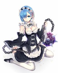 Rule 34 | 10s, 1girl, apron, ball and chain (weapon), blue eyes, blue hair, bow, breasts, chain, cleavage, detached collar, detached sleeves, dress, flail, frilled dress, frills, hair ornament, hair over one eye, holding, holding weapon, kether, looking at viewer, mace, maid, maid apron, maid headdress, mary janes, matching hair/eyes, medium breasts, pantyhose, re:zero kara hajimeru isekai seikatsu, rem (re:zero), ribbon-trimmed clothes, ribbon-trimmed collar, ribbon trim, shoes, short hair, sitting, solo, spiked ball and chain, spiked mace, spikes, underbust, wariza, weapon, white pantyhose, x hair ornament