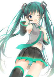 Rule 34 | 1girl, ;d, bad id, bad pixiv id, blue eyes, detached sleeves, funiru, green hair, hand on own chest, hatsune miku, headset, long hair, navel, necktie, one eye closed, open mouth, panties, pantyshot, skirt, smile, solo, striped clothes, striped panties, thighhighs, twintails, underwear, upskirt, very long hair, vocaloid, white background, wink