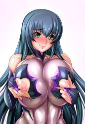 Rule 34 | 00s, 1girl, aqua eyes, bare shoulders, black hair, blush, breasts, clothing cutout, covered collarbone, elbow gloves, embarrassed, gloves, grabbing own breast, gradient background, hair between eyes, halterneck, heart, heart cutout, impossible clothes, large breasts, long hair, looking at viewer, morino yuuko, nipple cutout, nippleless clothes, nipples, r-wade, simple background, skin tight, smile, solo, taimanin (series), taimanin asagi, taimanin asagi kessen arena, tentacle and witches, very long hair, white background