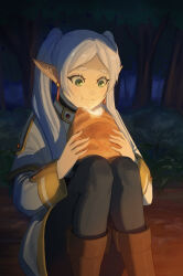 Rule 34 | 1girl, black pantyhose, boots, bread, brown footwear, capelet, closed mouth, commentary, earrings, eating, elf, english commentary, feet out of frame, food, forest, frieren, gem, gold trim, green eyes, high collar, highres, holding, holding food, jacket, jewelry, knees up, long hair, long sleeves, makano (user zpua3342), nature, night, outdoors, pantyhose, parted bangs, pointy ears, red gemstone, short eyebrows, sitting, skirt, smile, solo, sousou no frieren, thick eyebrows, twintails, white capelet, white hair, white jacket, white skirt