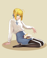 Rule 34 | 1girl, absurdres, ahoge, animal, animal on lap, arm support, artoria pendragon (all), artoria pendragon (fate), bad id, bad pixiv id, beige background, black pantyhose, blonde hair, blue ribbon, blue skirt, braid, calico, cat, cat on lap, closed mouth, collared shirt, eyebrows, fate/stay night, fate (series), full body, green eyes, hair bun, hair ribbon, high-waist skirt, highres, leaning back, long sleeves, looking at viewer, neck ribbon, no shoes, on lap, outstretched arm, pantyhose, pencil skirt, ribbon, saber (fate), shirt, sidelocks, single hair bun, sitting, skirt, sleeping, smile, solo, wariza, white shirt, yellow background, zhano kun
