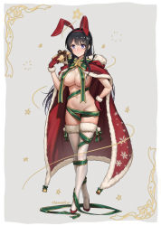 Rule 34 | 1girl, animal ears, black hair, breasts, cape, censored, censored nipples, cleavage, convenient censoring, crossed legs, duplicate, fake animal ears, full body, fur trim, gloves, green ribbon, groin, hair ornament, hairband, hairclip, hand on own hip, hand up, haneru, highres, large breasts, long hair, looking at viewer, naked ribbon, navel, purple eyes, rabbit ears, red gloves, ribbon, sakurajima mai, seishun buta yarou, smile, solo, standing, stomach, thighhighs, watson cross, white thighhighs